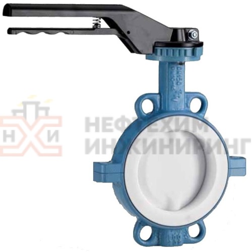 Затвор дисковый поворотный с футерованным диском и корпусом межфланцевый с гладкими проушинами двусторонний ручной ЗДП-ФДК.МФГП.ДС.Р.НХИ.100.010.05.01.01.У1 DN 100 PN 1,0 МПа