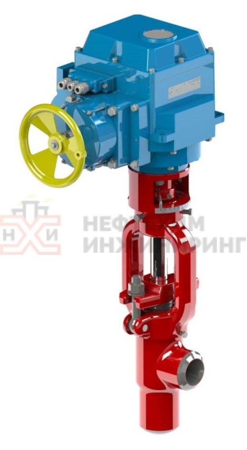 Клапан регулятор температуры угловой под приварку с электроприводом (МЭОФ-250/25-0,25У-99К) 24с-65-Э DN 65 PN 37,3 Т250 °С, корпус ст. 20