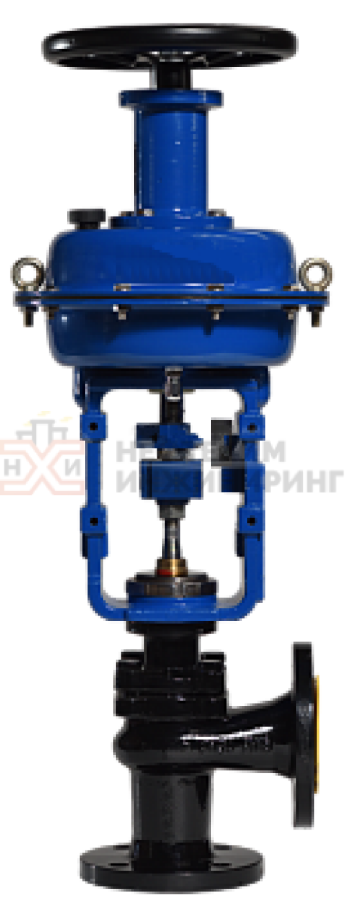 Клапан регулирующий односедельный угловой "после себя" нормально открытый фланцевый 26ч41п DN 250 PN 1,6 Мпа У3 с МИМ, корпус чугун